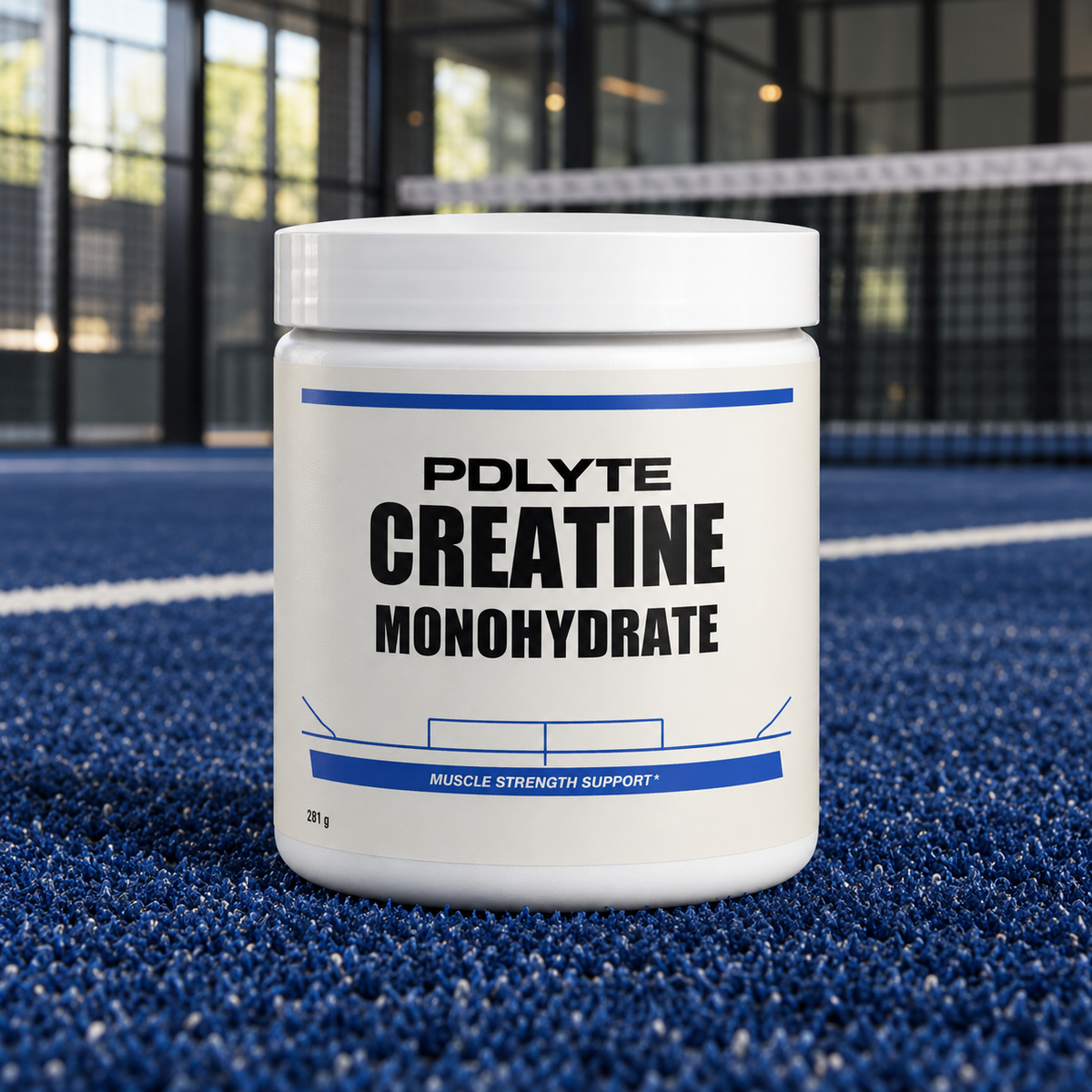 PDLYTE / Creatine Monohydrate front shot on a blue indoor padel court