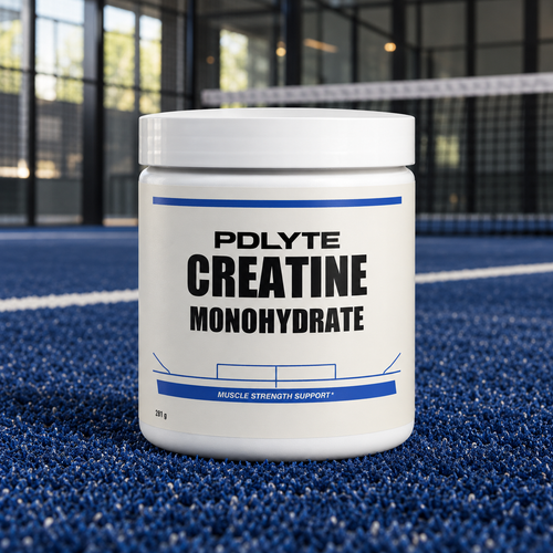 PDLYTE / Creatine Monohydrate front shot on a blue indoor padel court