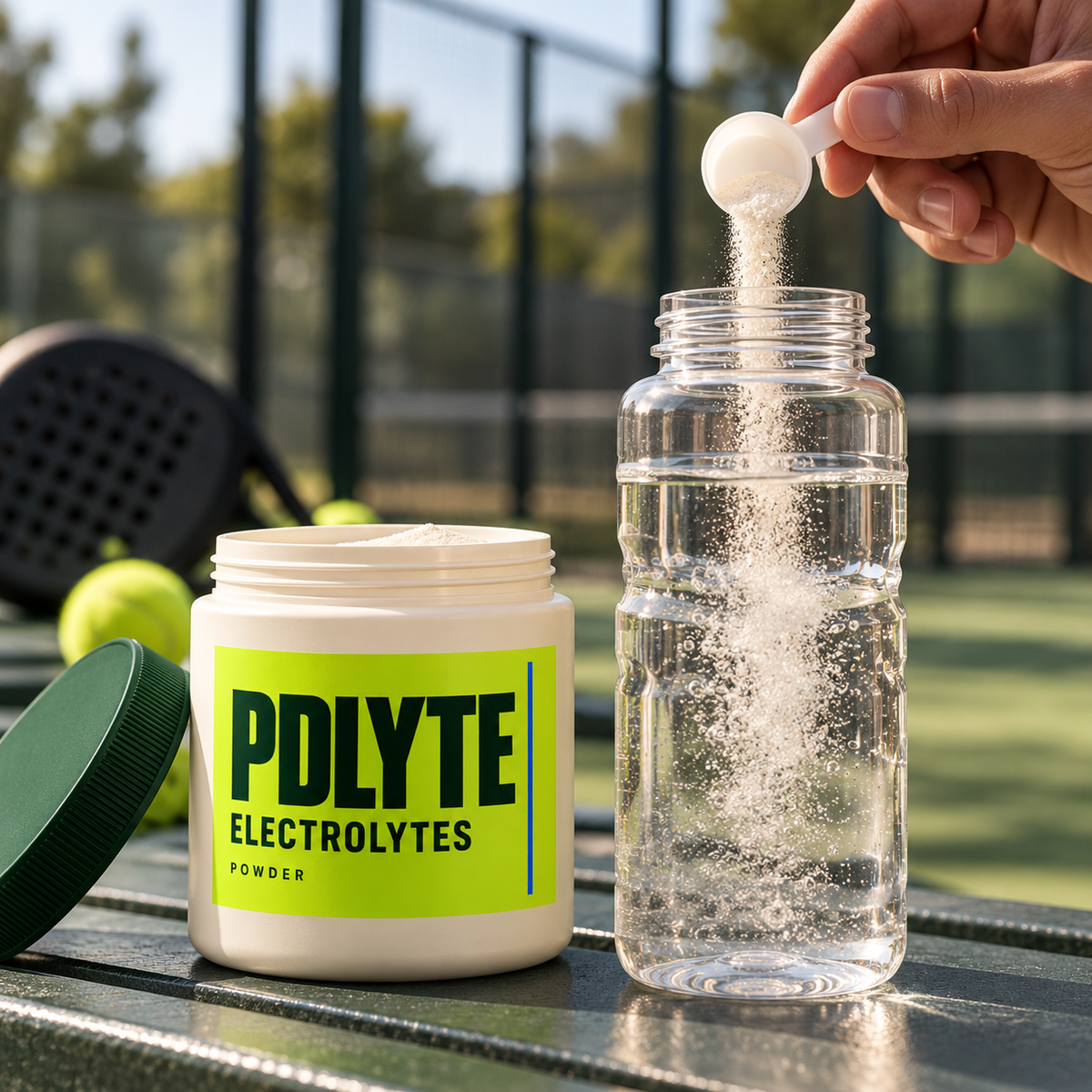 PDLYTE electrolytes preparation: a hand tipping a measuring scoop into an open water bottle beside the open powder pot