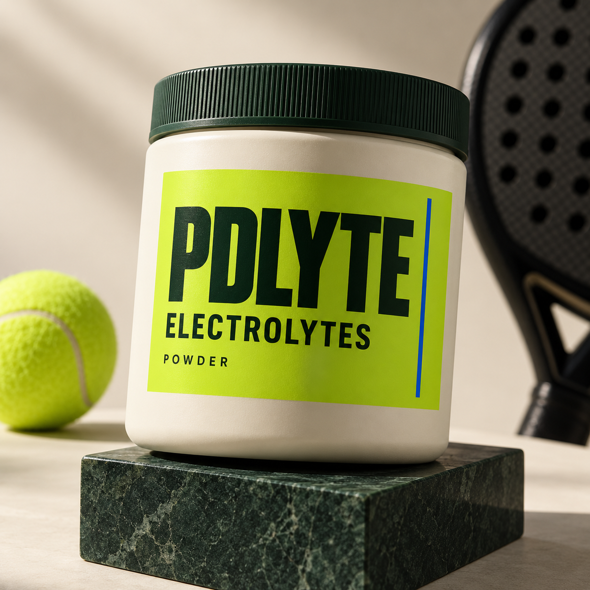 PDLYTE Electrolytes lime-labelled powder tub on a forest stone plinth