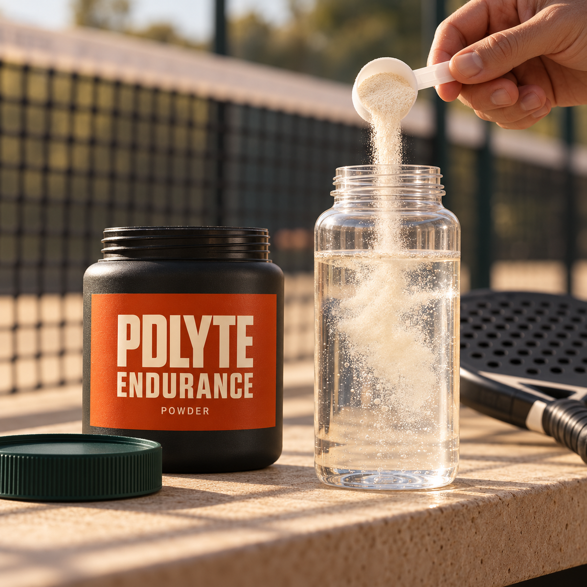 PDLYTE endurance preparation: a hand tipping a measuring scoop into an open water bottle beside the open powder pot