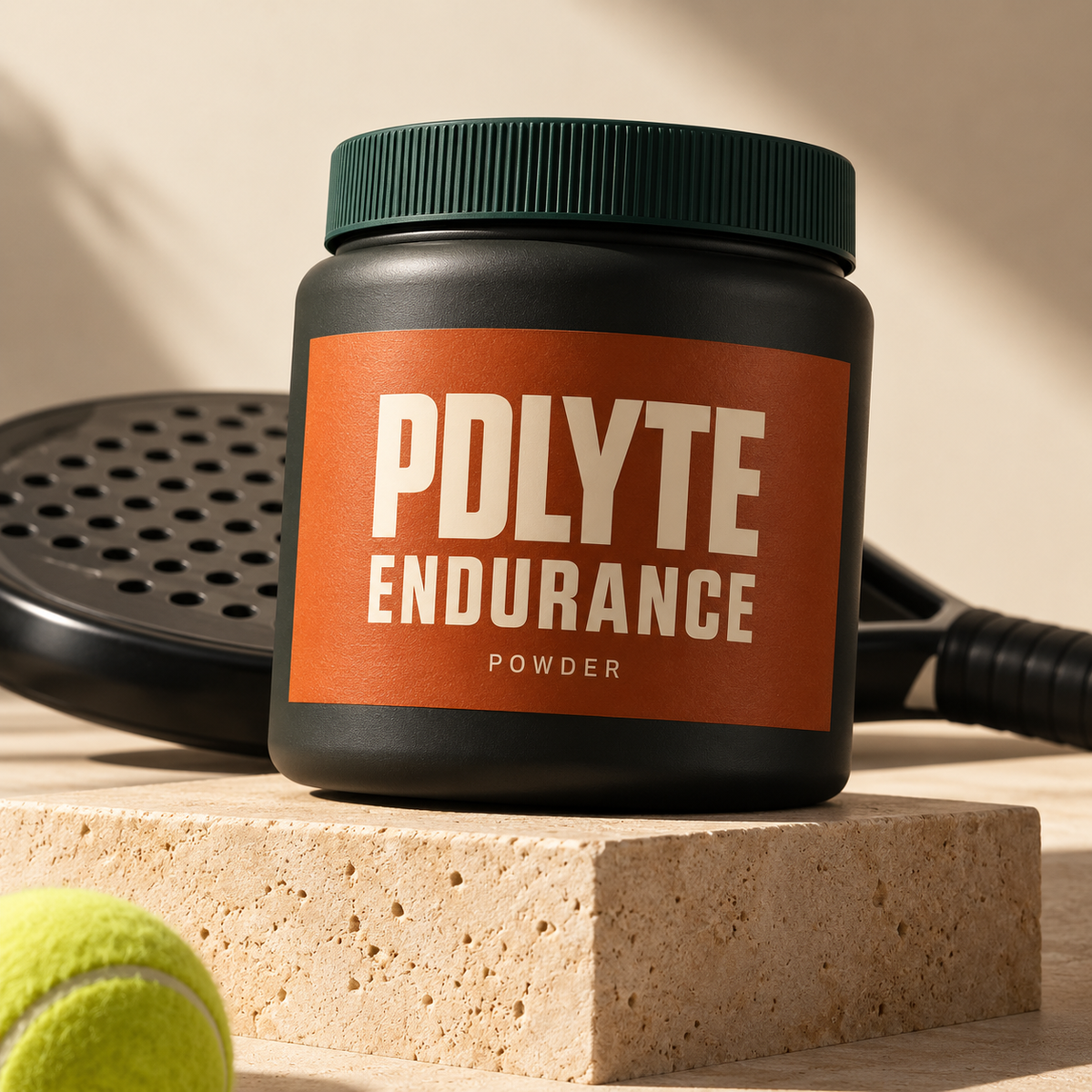 PDLYTE Endurance orange-labelled powder tub on a sandstone plinth