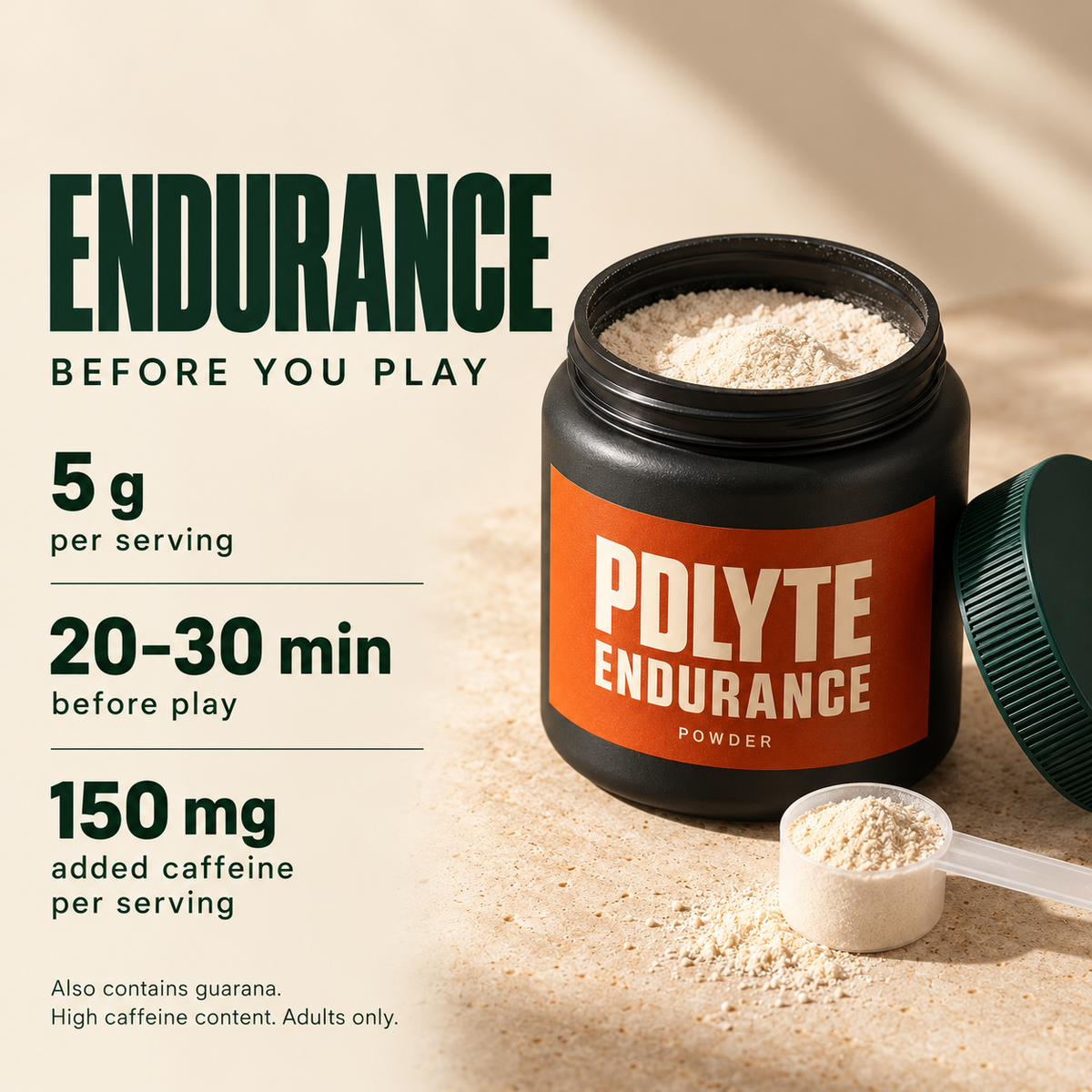 PDLYTE endurance open powder pot with scoop, serving instructions and ingredient amounts
