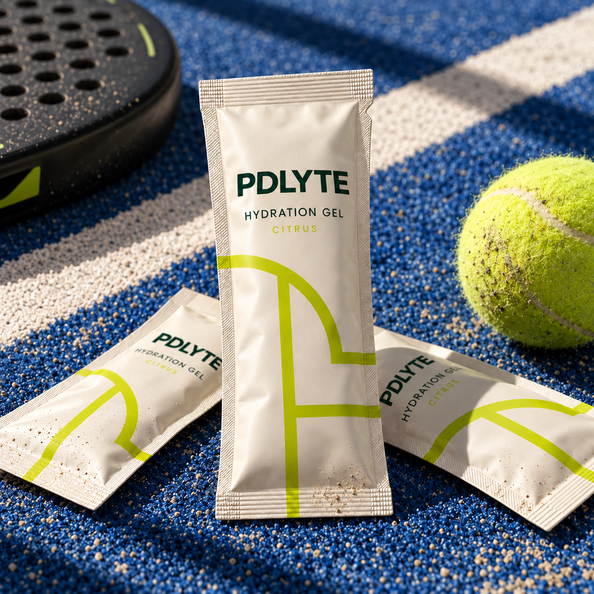 Three PDLYTE Hydration Gel sachets on a padel court