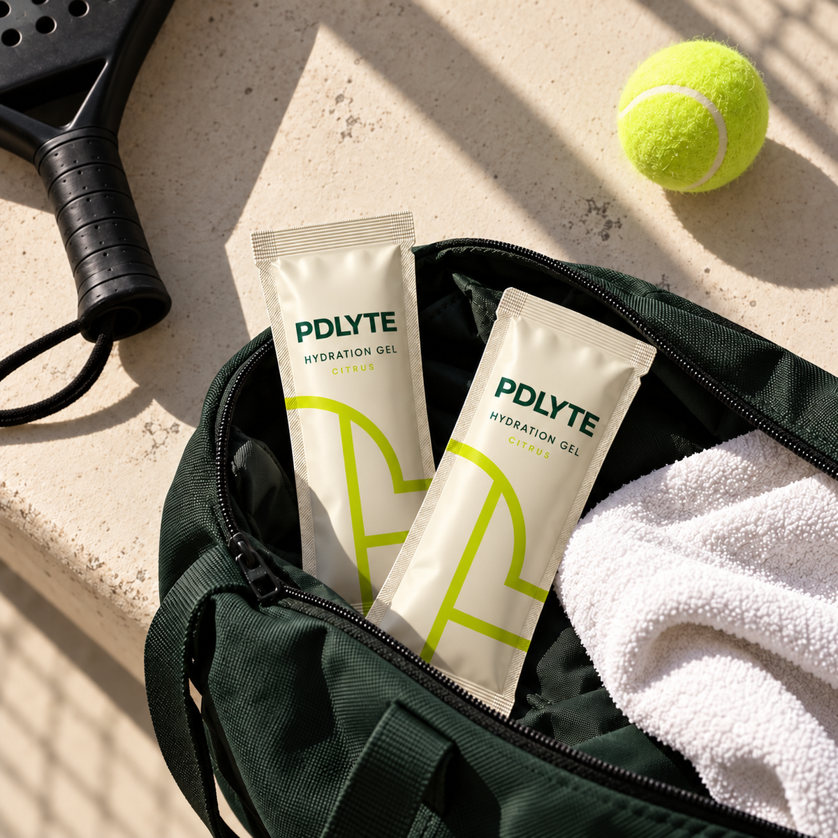 PDLYTE Hydration Gel sachets in a padel bag