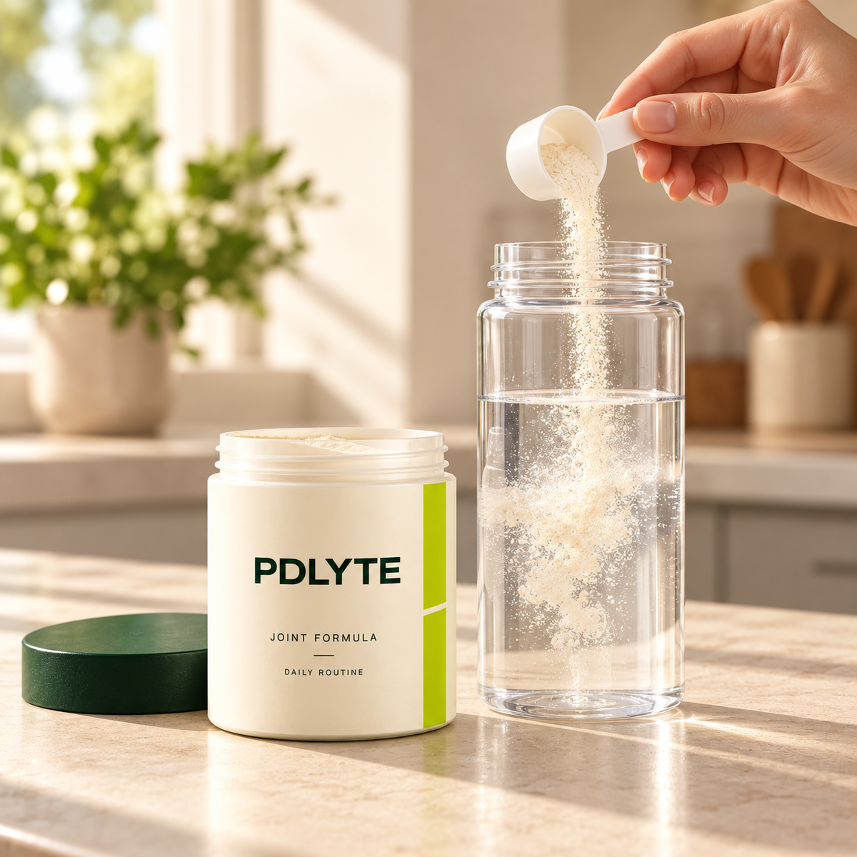 PDLYTE joint preparation: a hand tipping a measuring scoop into an open water bottle beside the open powder pot