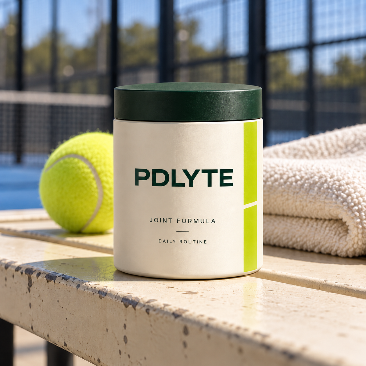 PDLYTE Joint Formula jar on a padel club bench