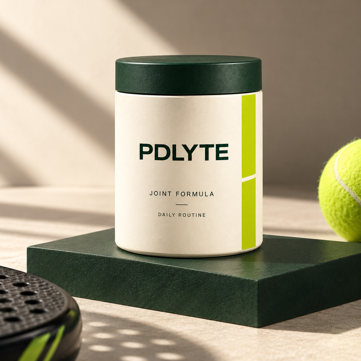 PDLYTE Joint Formula jar on a forest green plinth beside padel equipment