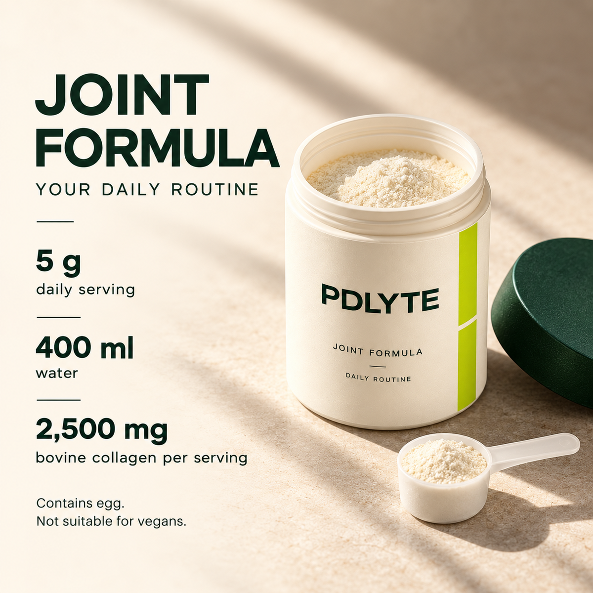 PDLYTE joint open powder pot with scoop, serving instructions and ingredient amounts