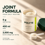 PDLYTE joint open powder pot with scoop, serving instructions and ingredient amounts