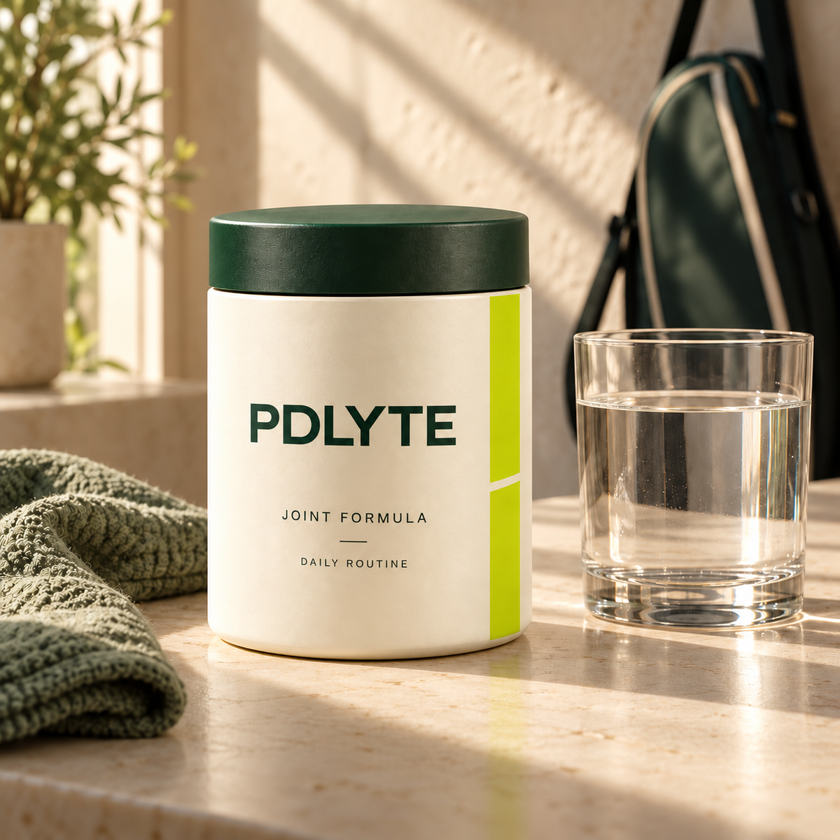 PDLYTE Joint Formula jar next to a glass of water