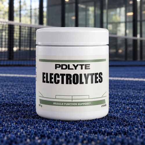 PDLYTE / Electrolytes — Lychee front shot on a blue indoor padel court
