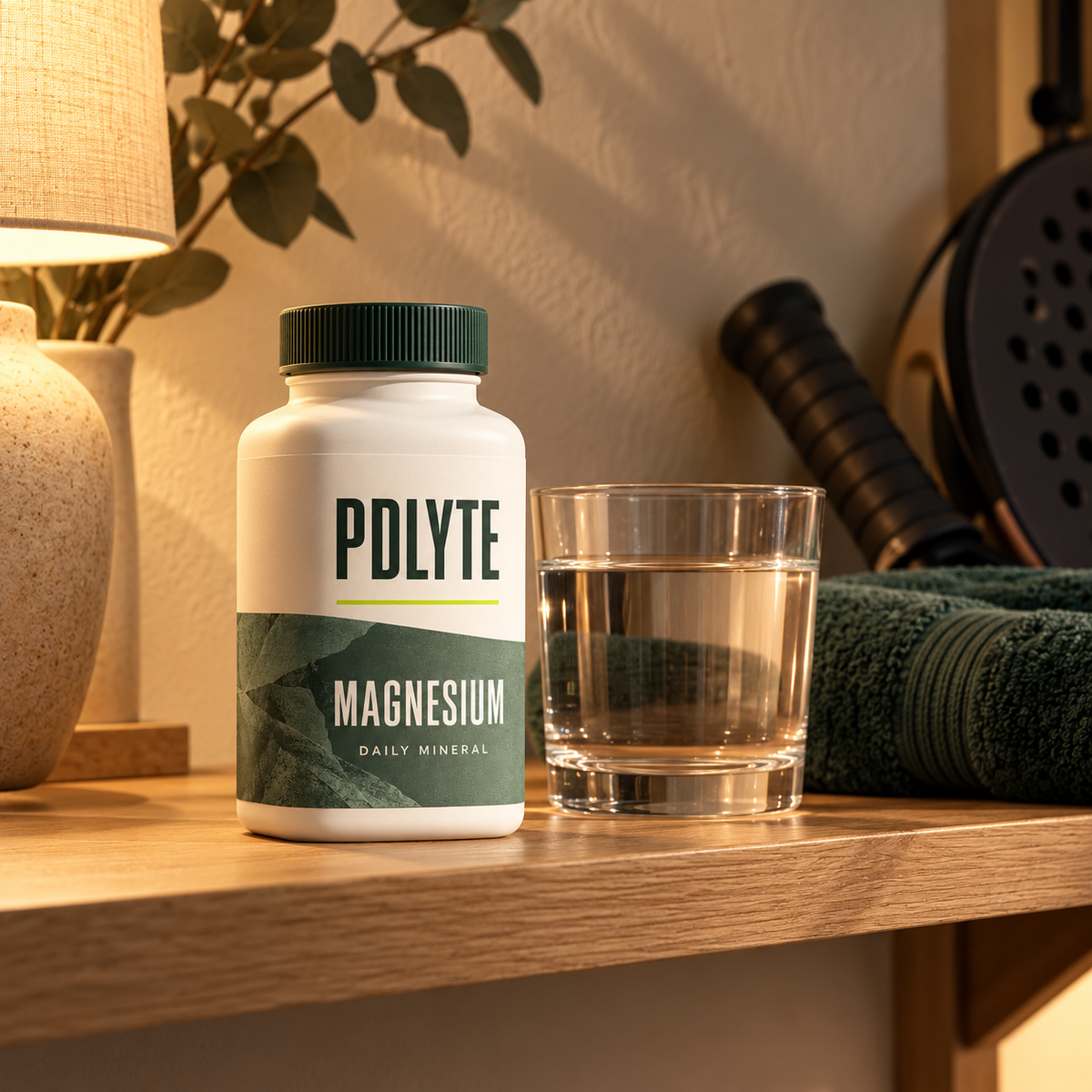 PDLYTE Magnesium bottle beside water, towel and padel equipment