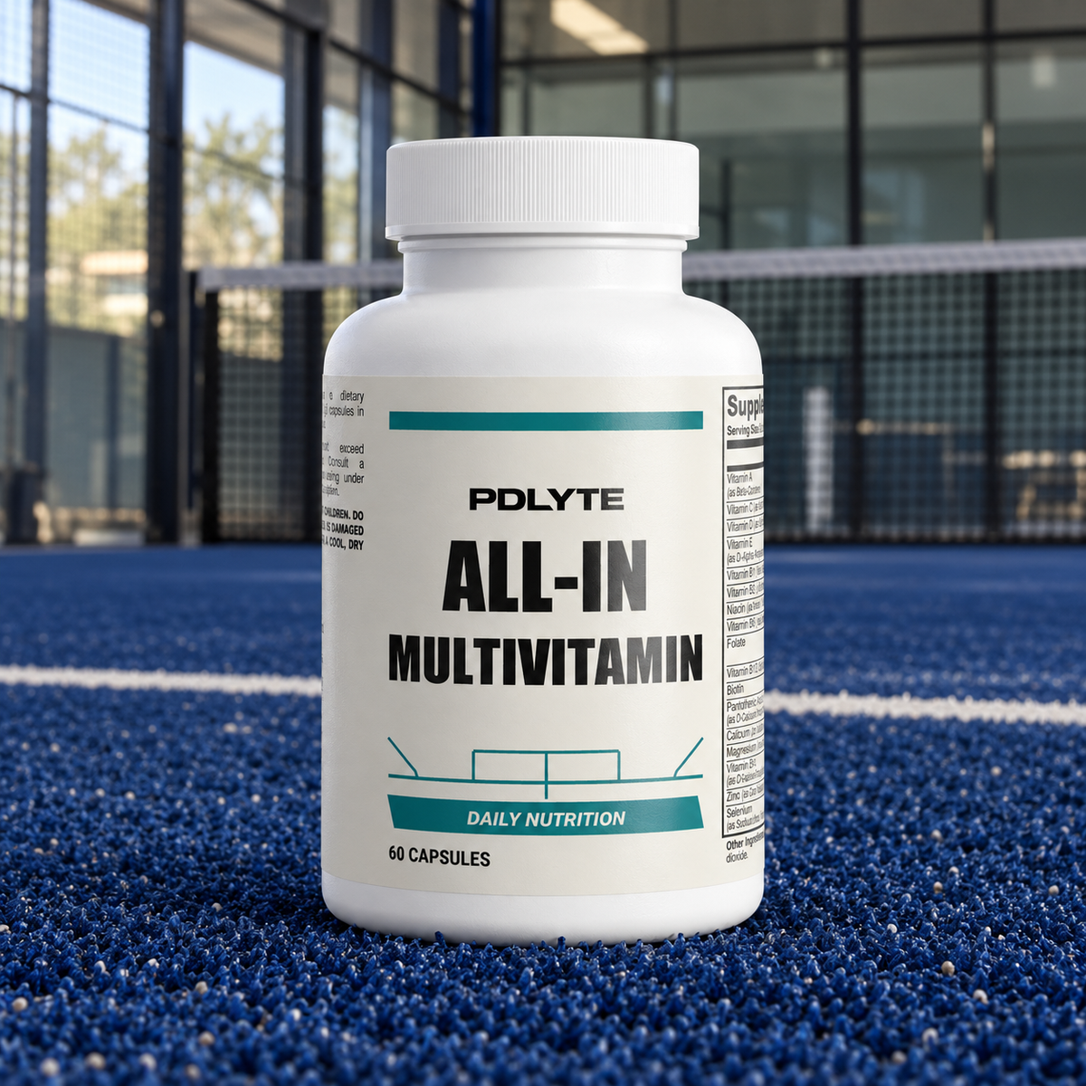 PDLYTE / All-In Multivitamin front shot on a blue indoor padel court