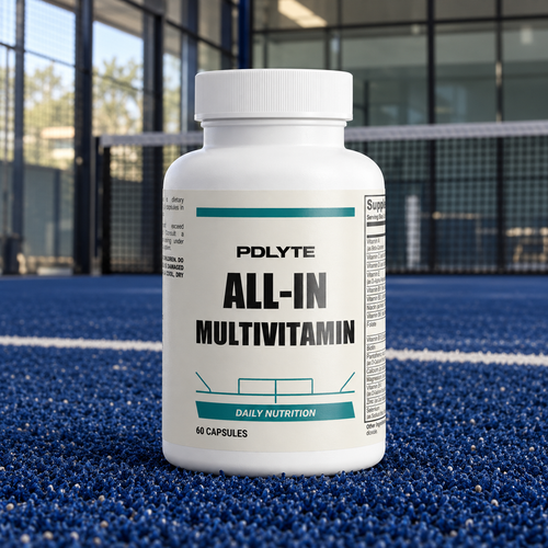PDLYTE / All-In Multivitamin front shot on a blue indoor padel court
