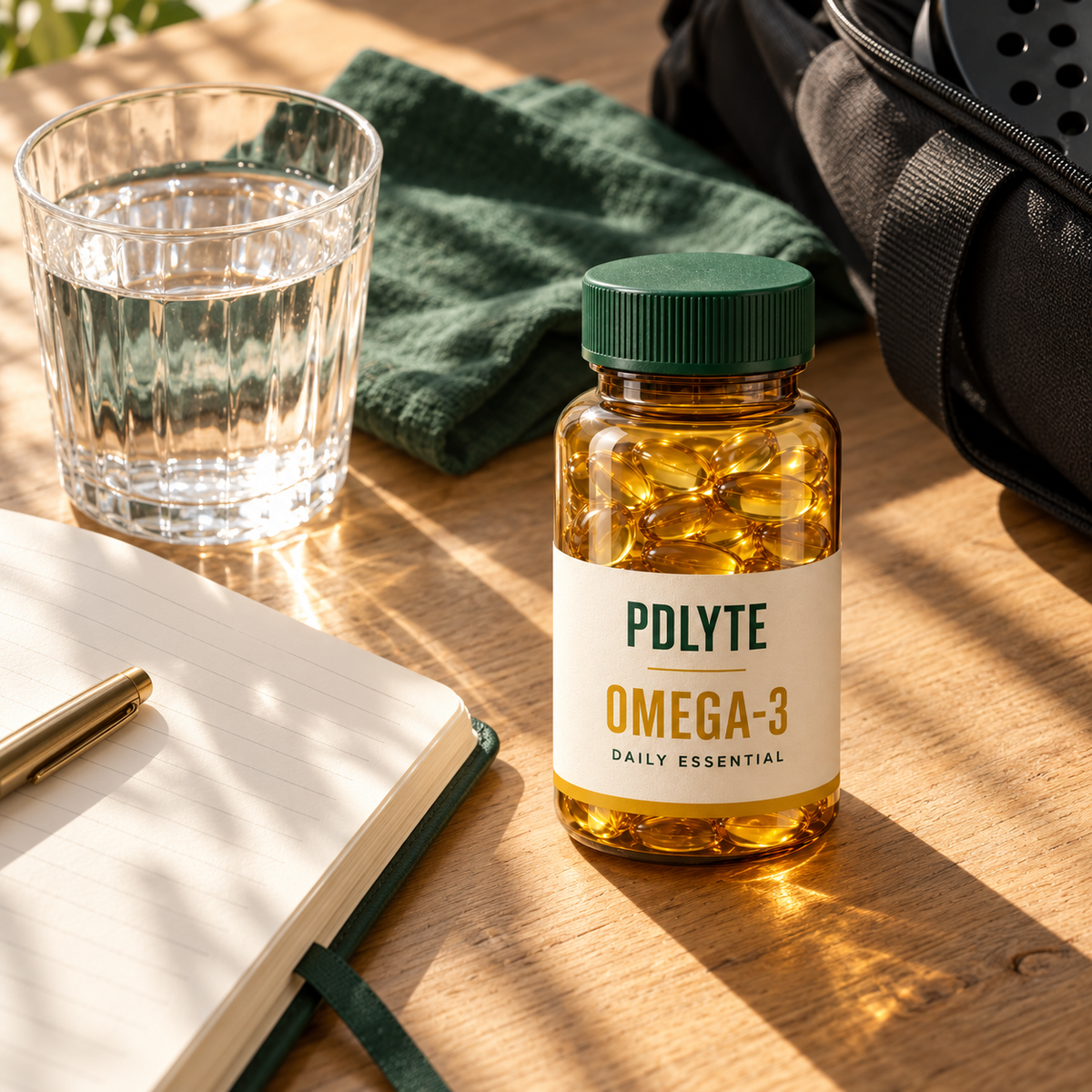 PDLYTE Omega-3 softgel bottle beside water and a morning diary