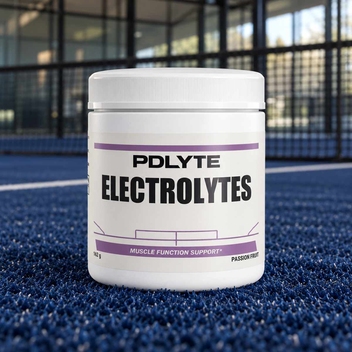 PDLYTE / Electrolytes — Passion Fruit front shot on a blue indoor padel court