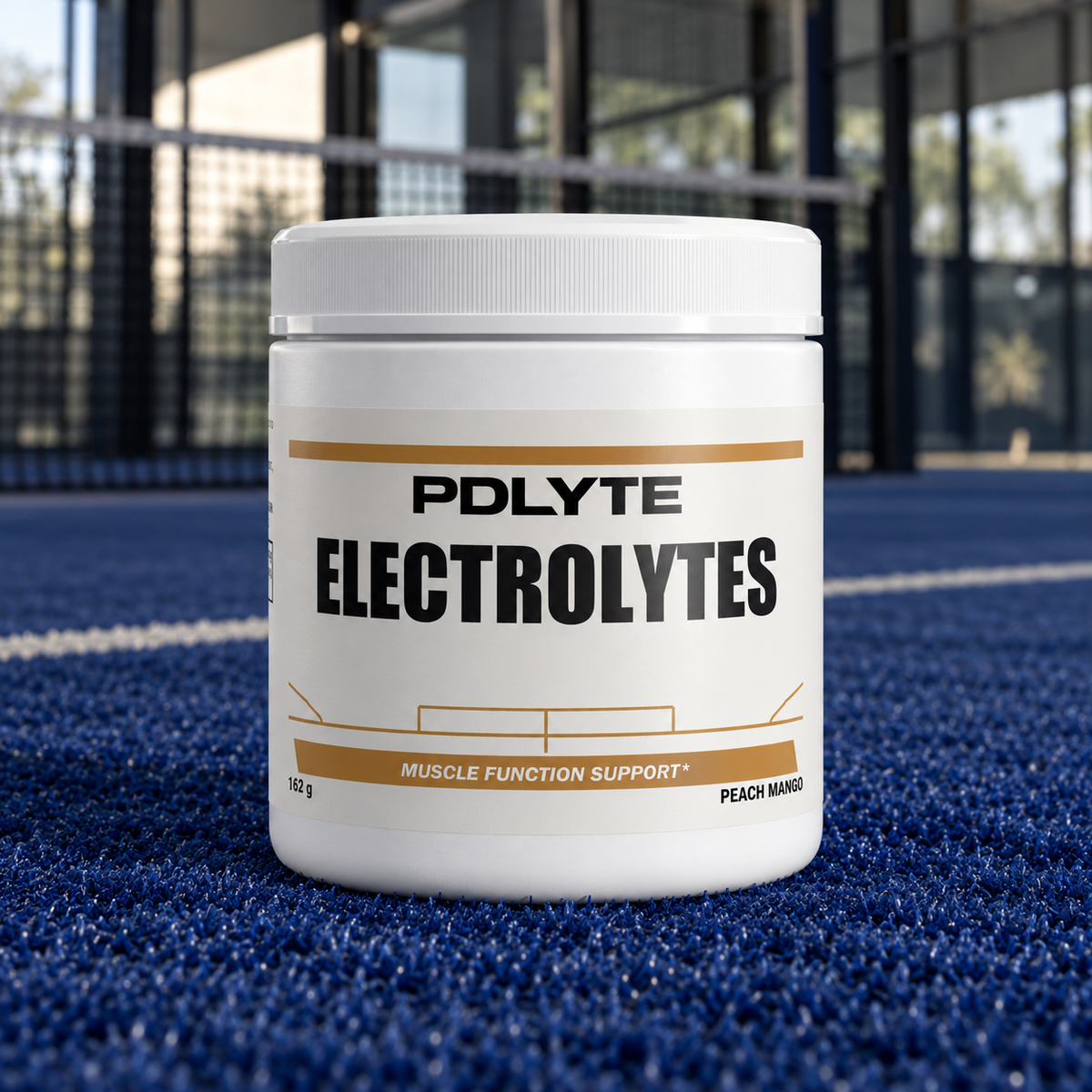 PDLYTE / Electrolytes — Peach Mango front shot on a blue indoor padel court