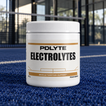 PDLYTE / Electrolytes — Peach Mango front shot on a blue indoor padel court