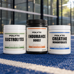 PDLYTE / Performance Trio — all included products on a blue indoor padel court