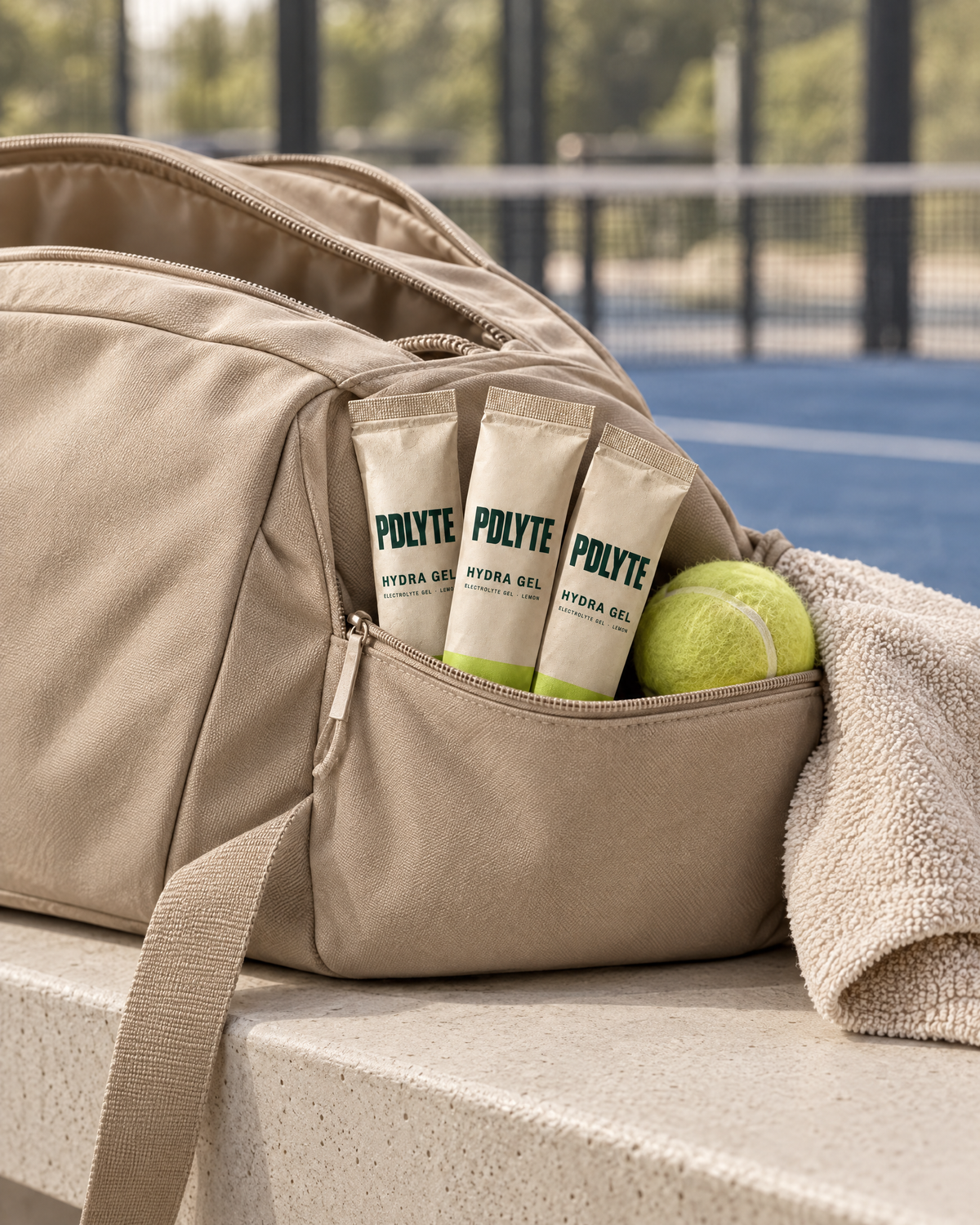 Three PDLYTE HYDRA GEL sachets in the pocket of a padel bag