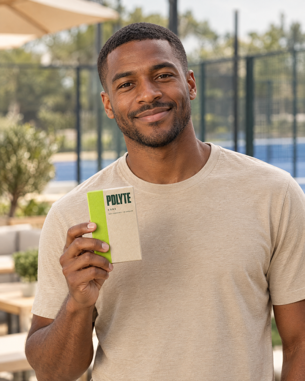 Padel player holding a PDLYTE CORE Daily Essentials box at the club