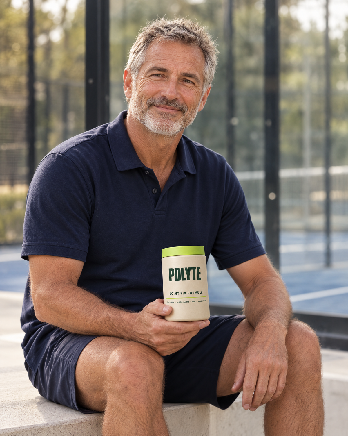 Padel player seated courtside with a PDLYTE JOINT FIX FORMULA tub