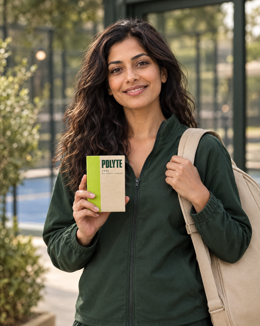 Padel player with her bag holding a PDLYTE CORE box