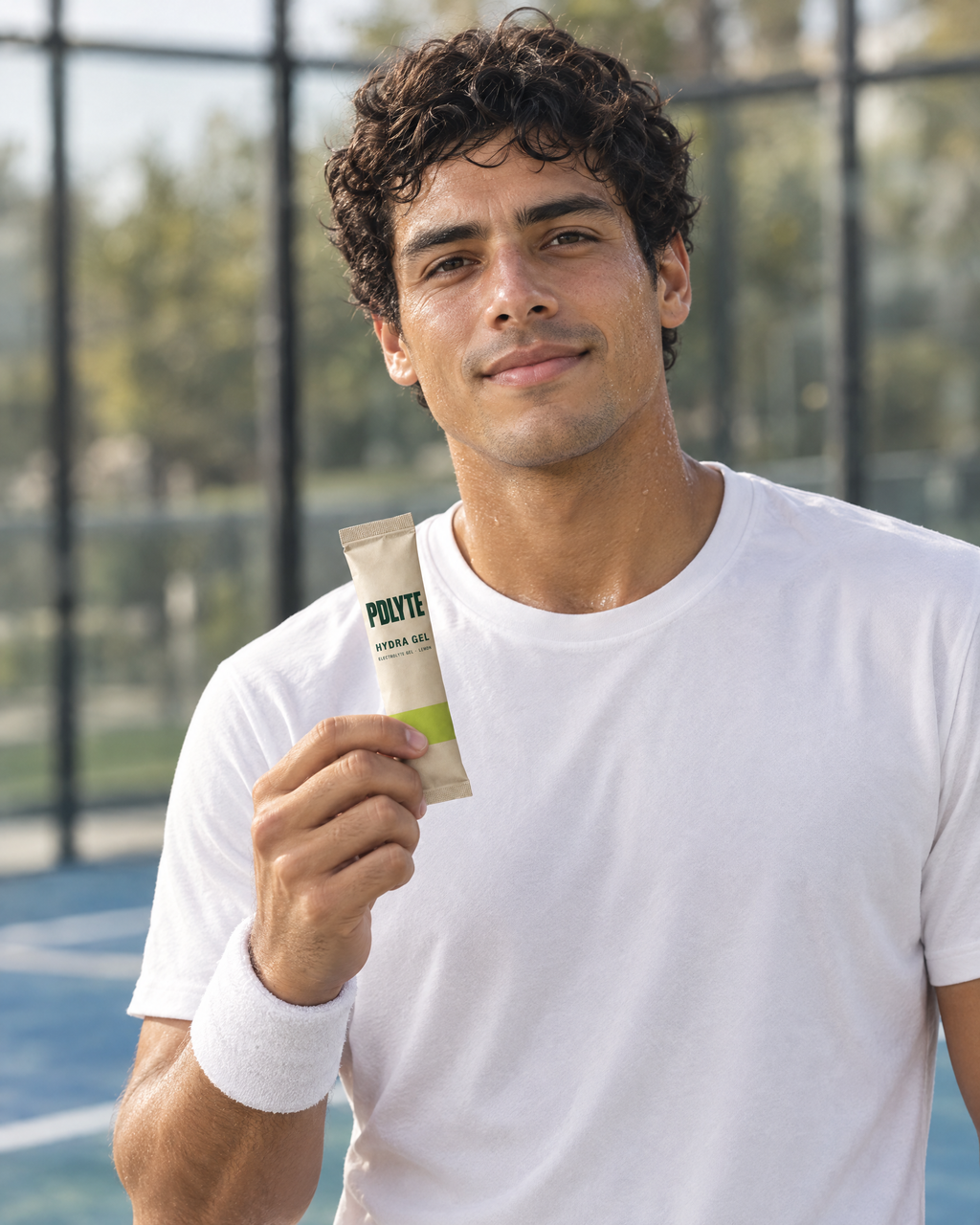 Padel player holding a PDLYTE HYDRA GEL sachet on court