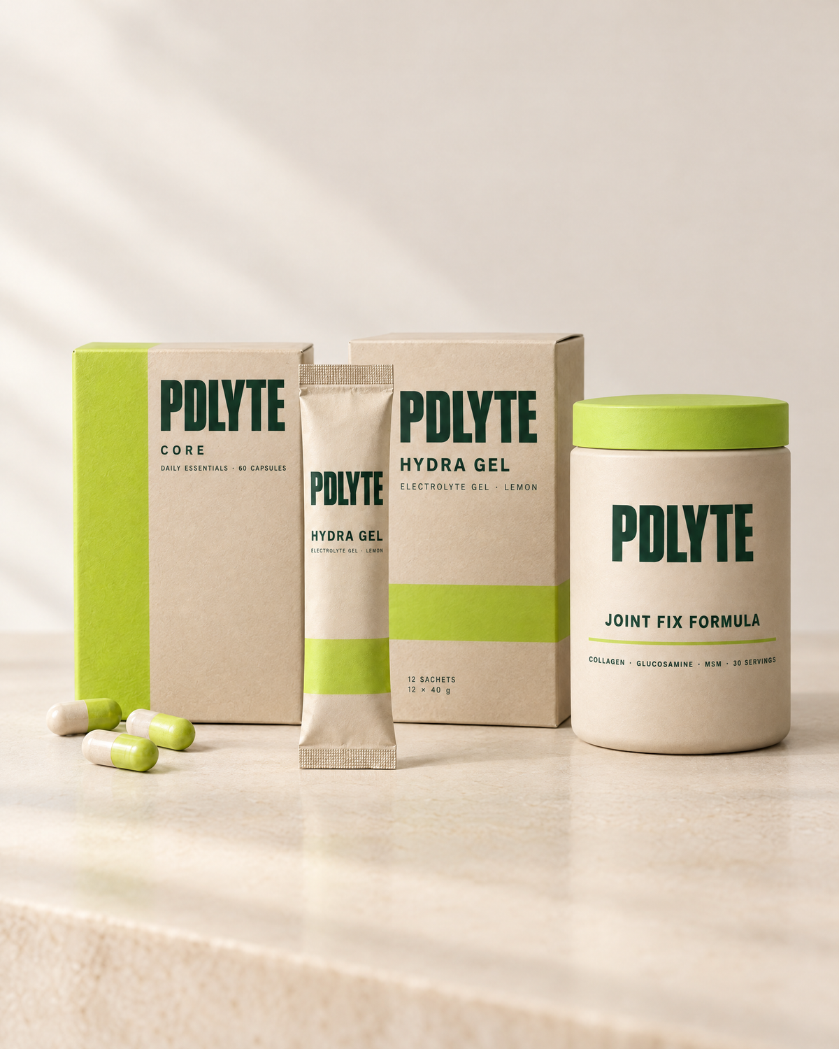 The PDLYTE range: CORE, HYDRA GEL and JOINT FIX FORMULA