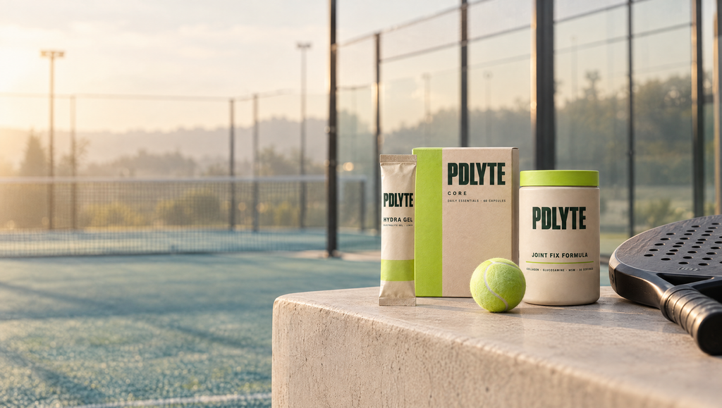 PDLYTE supplements on a bench beside a padel court at sunrise
