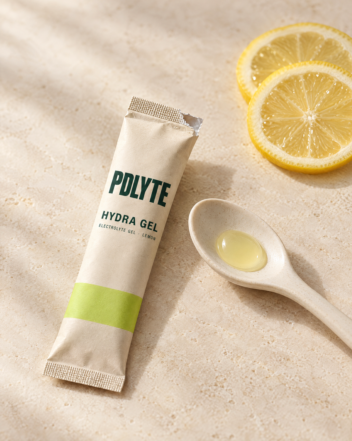 PDLYTE HYDRA GEL opened, lemon gel on a spoon