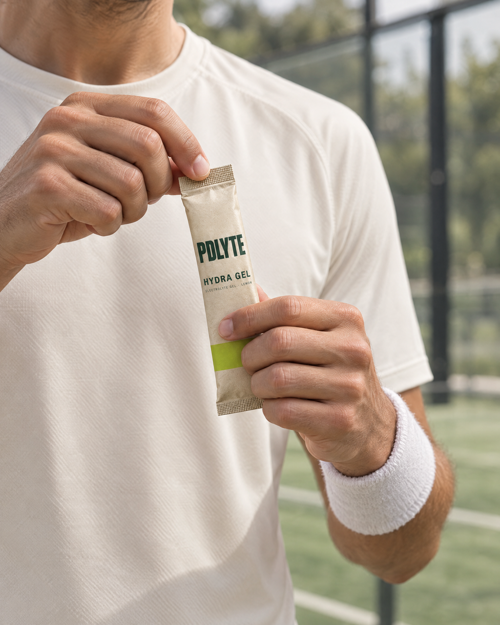 Padel player opening a PDLYTE HYDRA GEL between games
