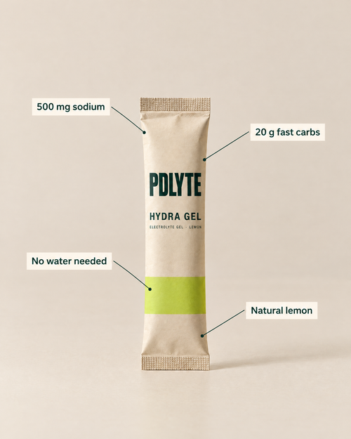 PDLYTE HYDRA GEL sachet with callouts: 500 mg sodium, 20 g fast carbs, no water needed, natural lemon
