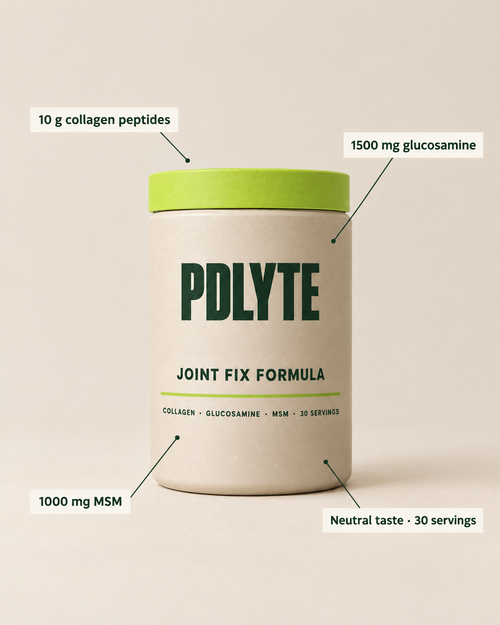 PDLYTE JOINT FIX FORMULA tub with callouts: 10 g collagen peptides, 1500 mg glucosamine, 1000 mg MSM, 30 servings