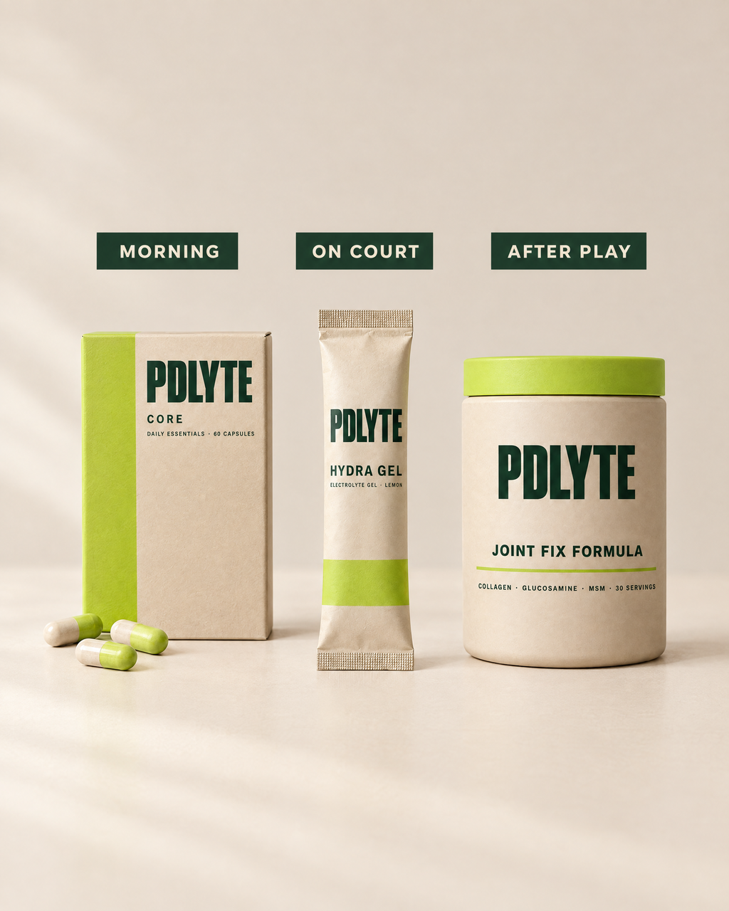 PDLYTE Performance Stack: CORE for the morning, HYDRA GEL on court, JOINT FIX after play