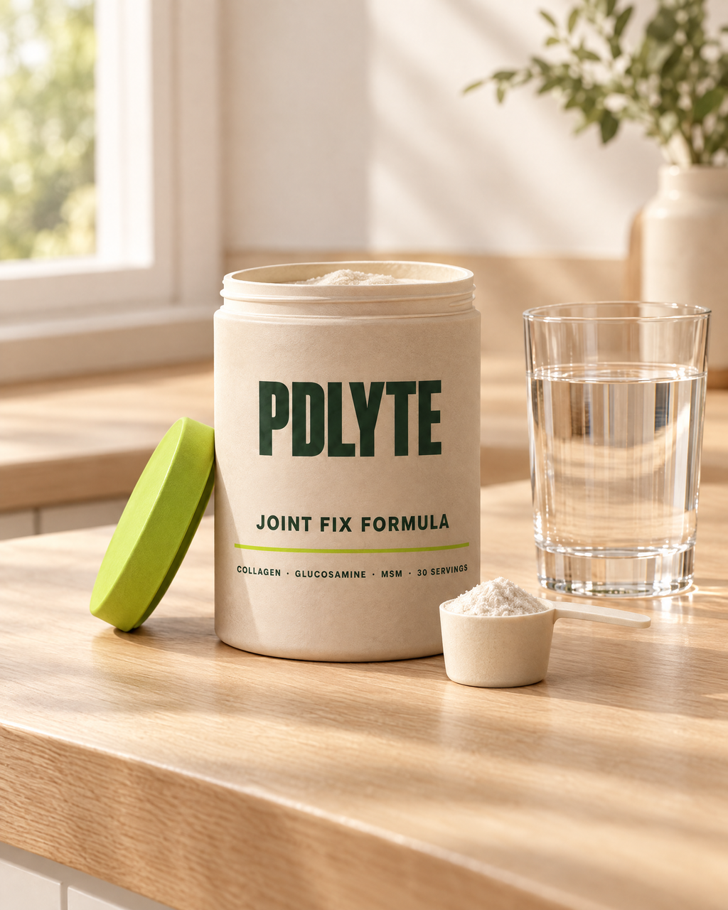 PDLYTE JOINT FIX FORMULA with scoop and a glass of water