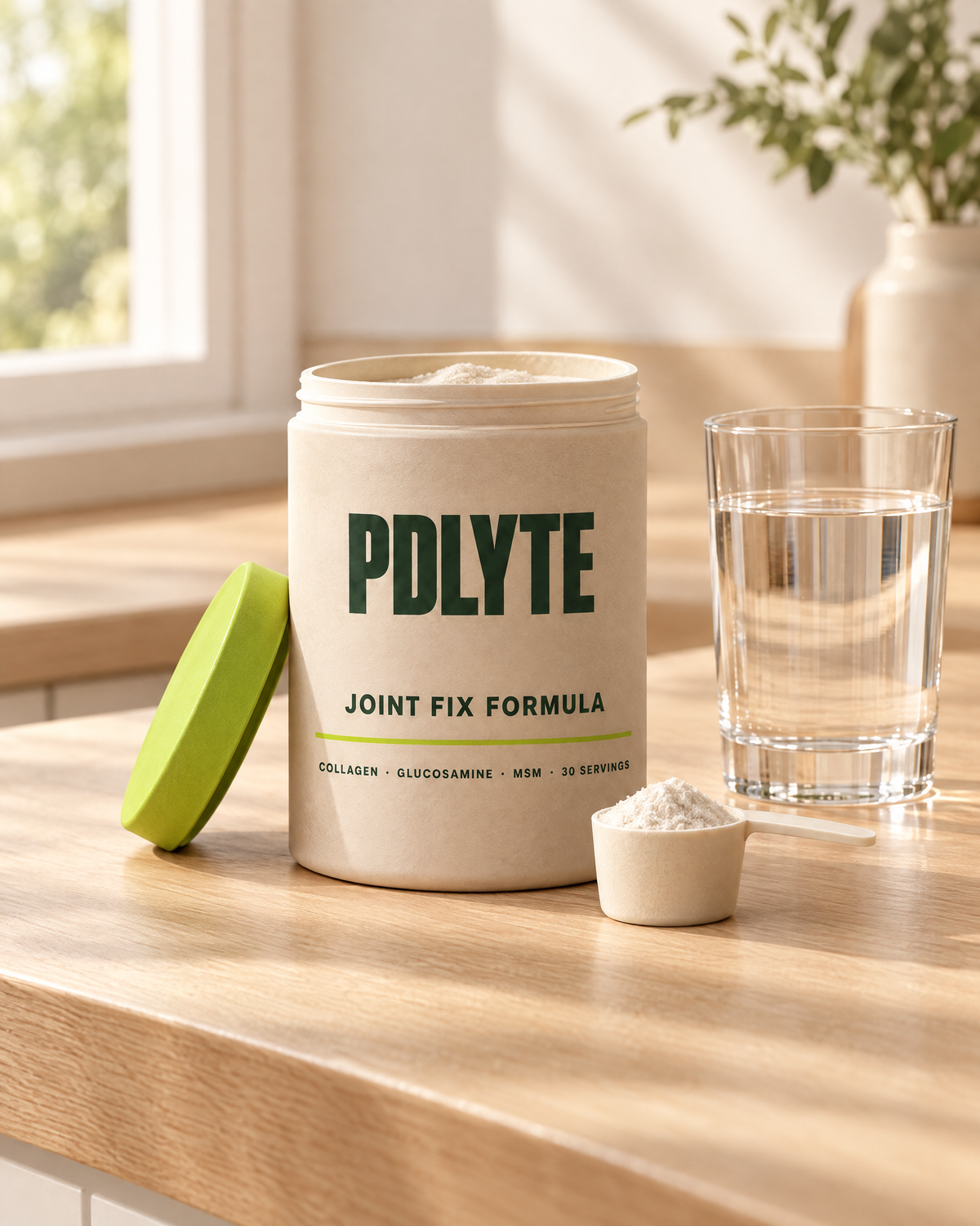 PDLYTE JOINT FIX FORMULA with scoop and a glass of water