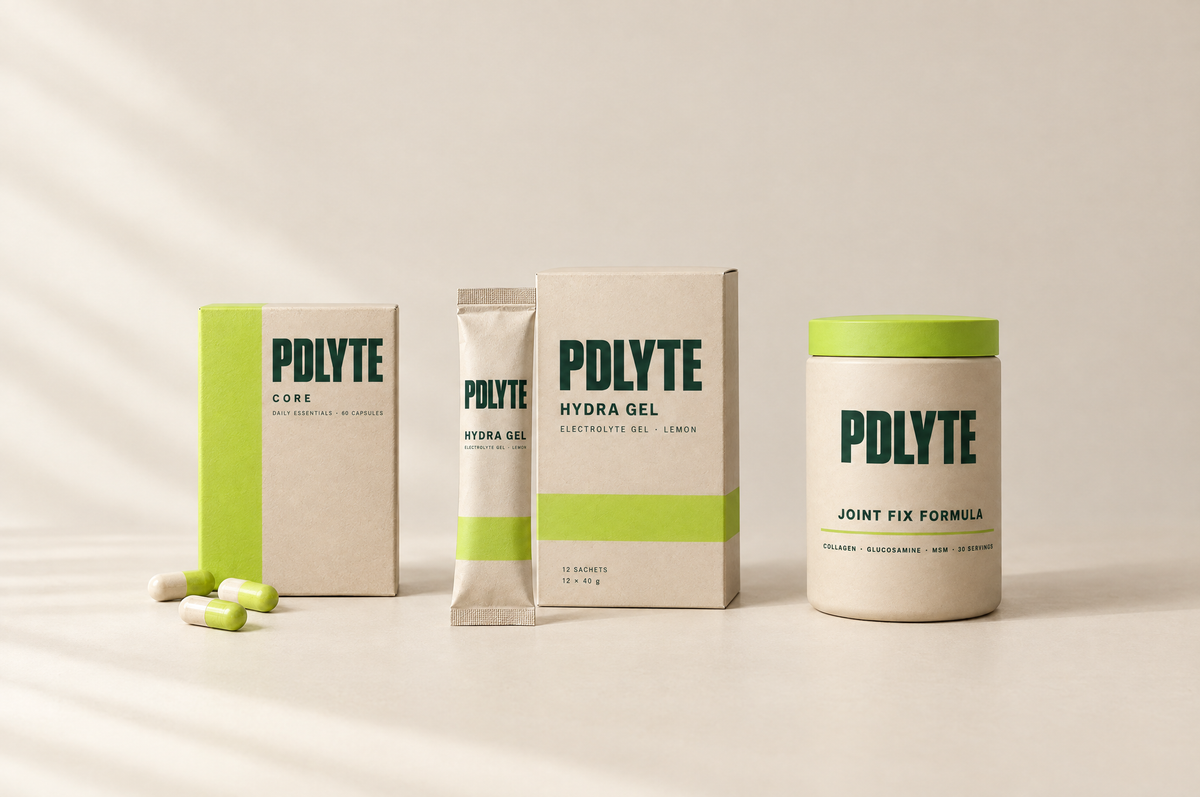PDLYTE CORE, HYDRA GEL and JOINT FIX FORMULA in a row