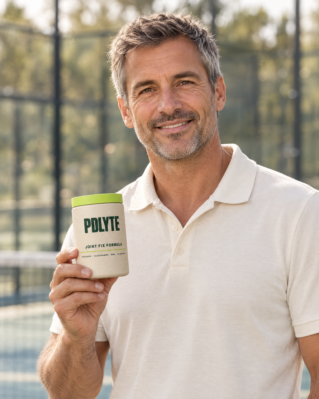 Padel player holding PDLYTE JOINT FIX FORMULA