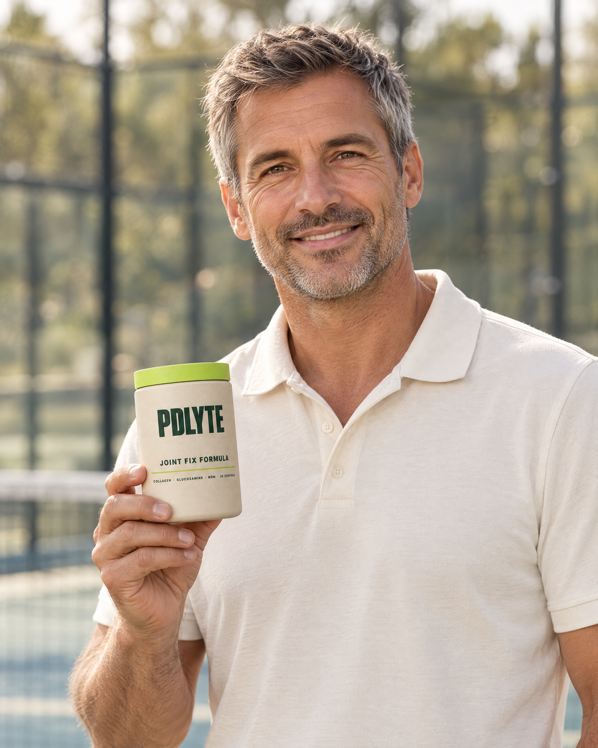 Padel player holding PDLYTE JOINT FIX FORMULA